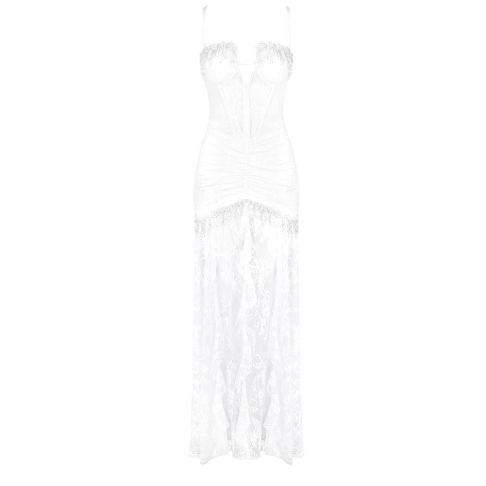 Damen Elegantes Spitzenkleid mit Herzausschnitt und luxuriöser Drapierung Echo Archiv