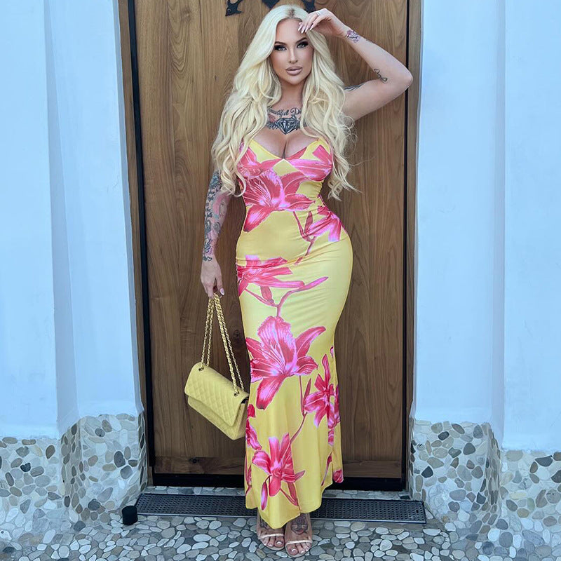 Damen Maxikleid mit Blumenmuster und schmalen Spaghettiträgern Echo Archiv