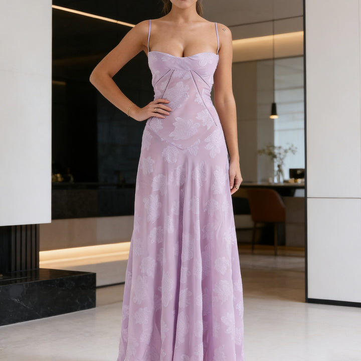 Damen Elegantes Abendkleid mit floralem Oberteil und schmalen Spaghetti-Trägern Echo Archiv