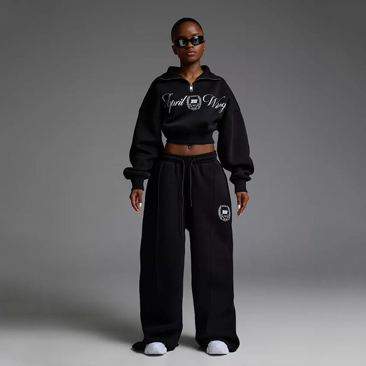 Damen Cropped Halbzip-Sweatshirt mit weitem High‑Waist Loungehose Set – Avérine