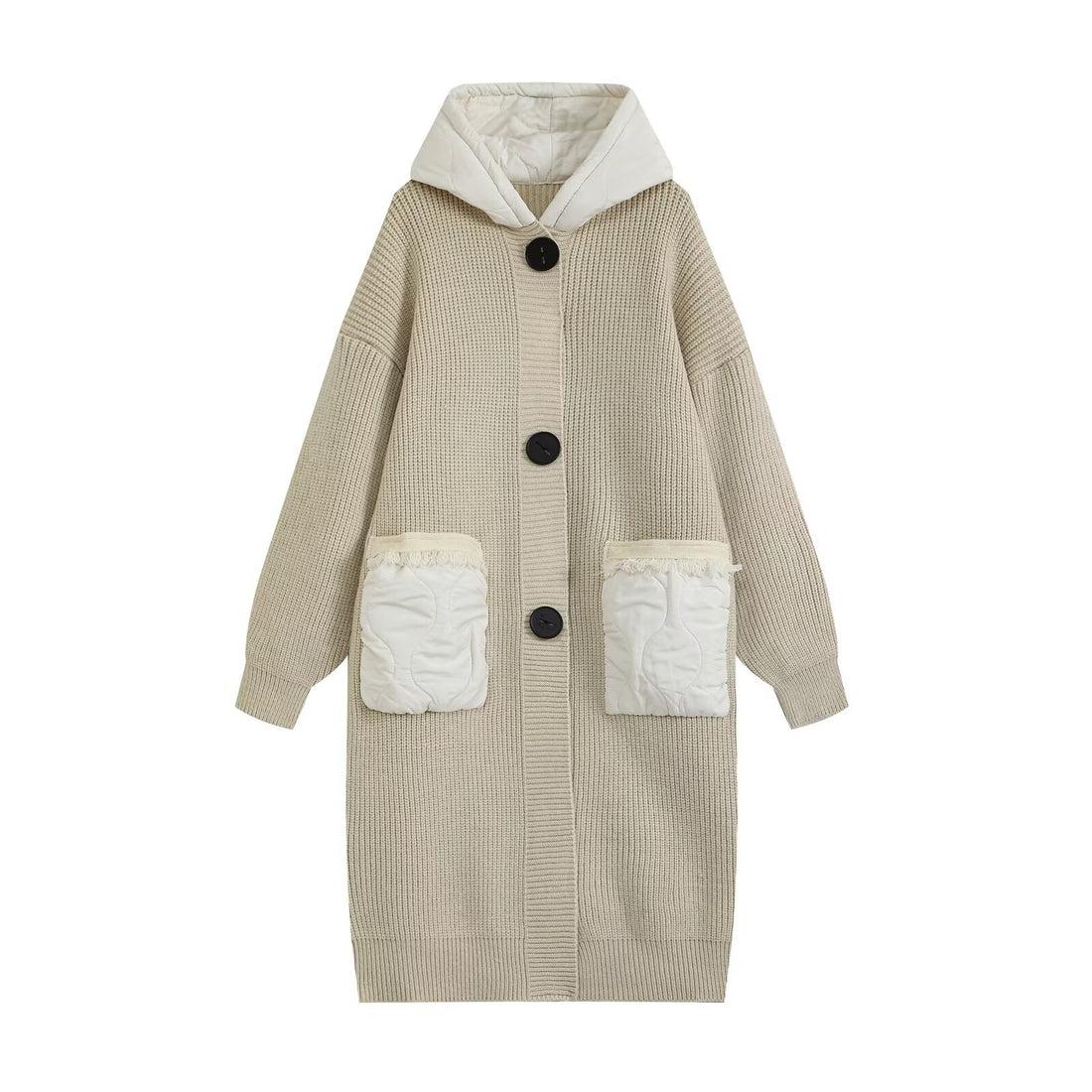 Damen Longline Grobstrickmantel mit gesteppter Kapuze und übergroßen Fronttaschen Echo Archiv