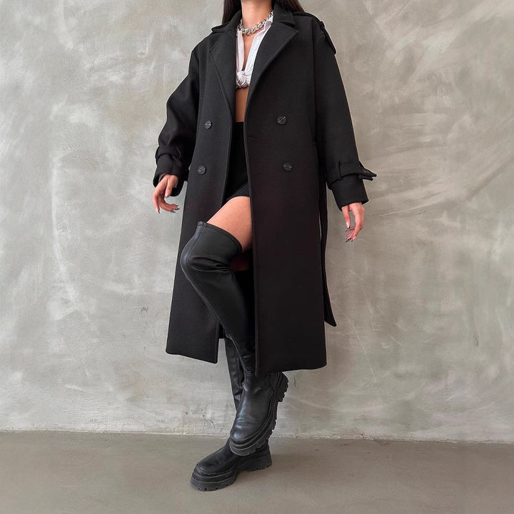 Damen Oversize Wollmix-Mantel mit doppelreihiger Knopfleiste und Taillengürtel Echoarchiv