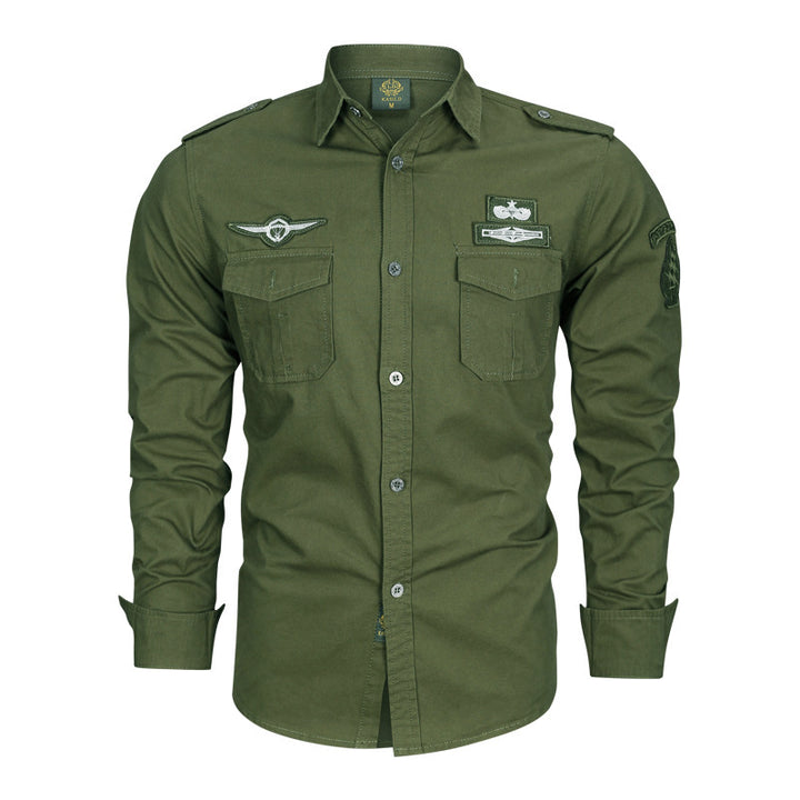 Herren Hemd im Military‑Style mit Schulterepauletten, Brustpattentaschen und Badge‑Applikationen – Arvello