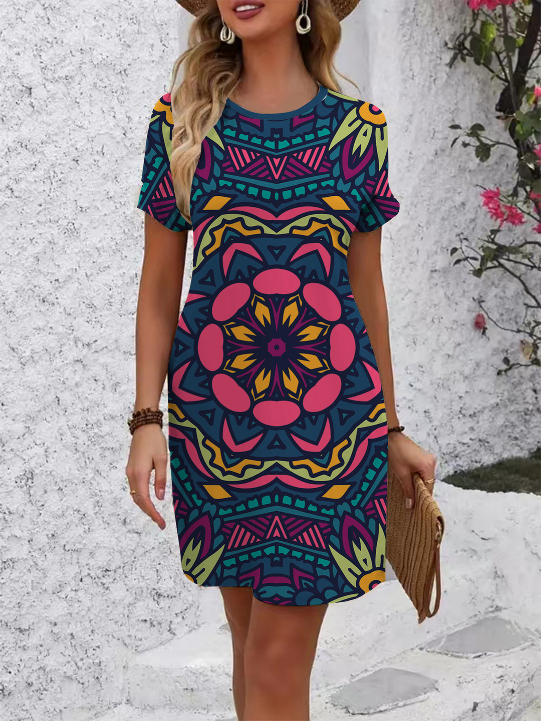 Damen lässiges Blümchenkleid mit Rundhalsausschnitt und lockerer Passform Echo Archiv