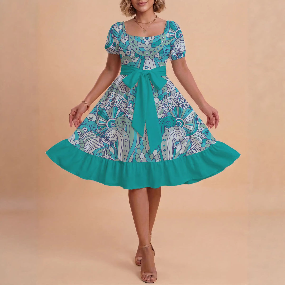 Damen modernes Blumenkleid mit elegantem Taillengürtel und asymmetrischem Saum Echo Archiv