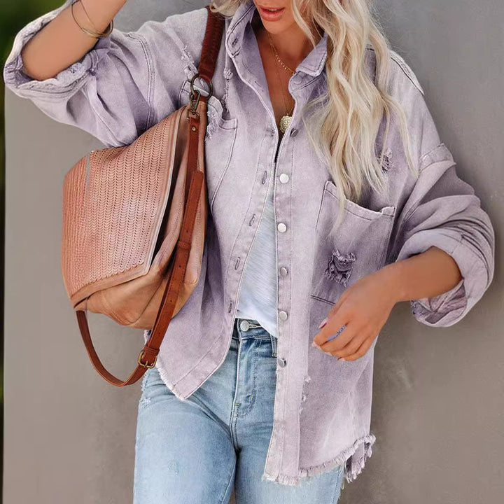 Damen nan oversized Jeansjacke mit Fransen, distressed Details und Druckknöpfen Echo Archiv