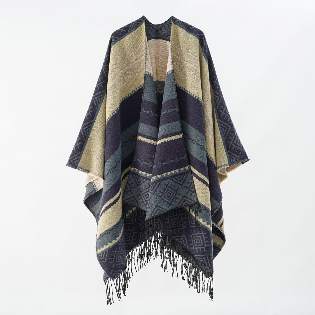 Damen Woven Jacquard-Poncho mit geometrischem Ethno-Muster und Fransensaum Echo Archiv
