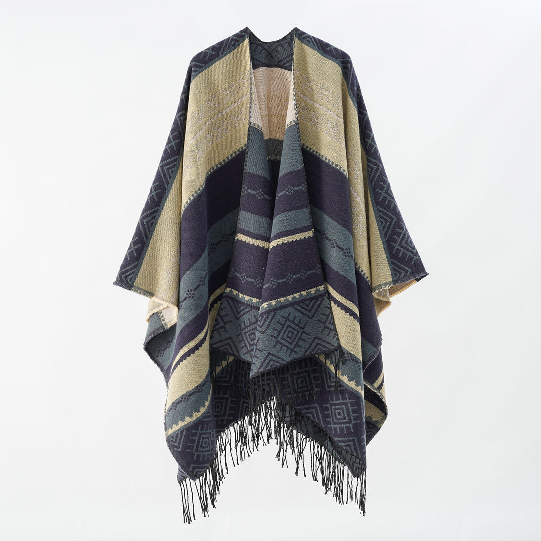 Damen Woven Jacquard-Poncho mit geometrischem Ethno-Muster und Fransensaum – Célinea