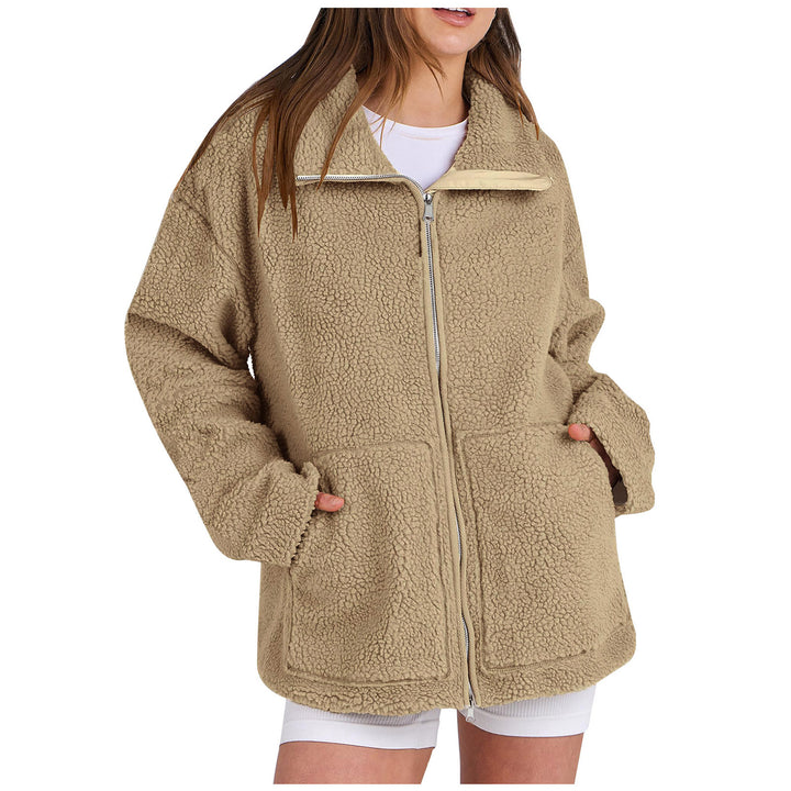 Damen nan oversized Teddyfelljacke mit Stehkragen Reißverschluss und aufgesetzten Taschen Echo Archiv