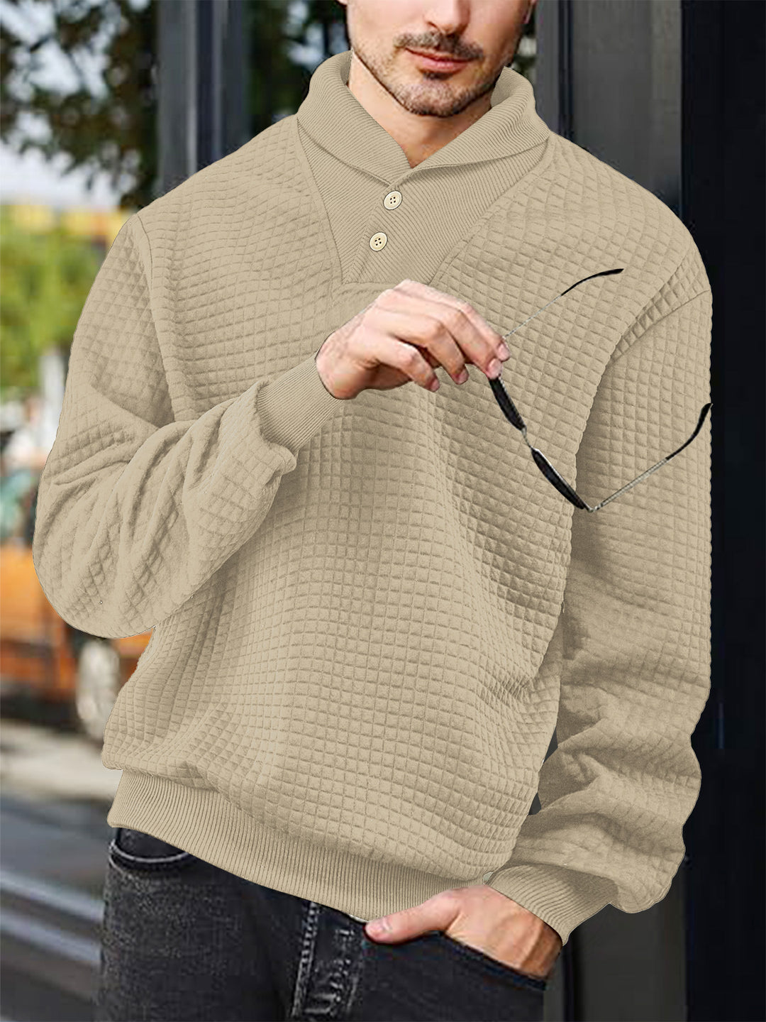Herren nan eleganter Strickpullover mit Schalkragen, Knopfleiste am Ausschnitt und Karo-Waffelstruktur Echo Archiv