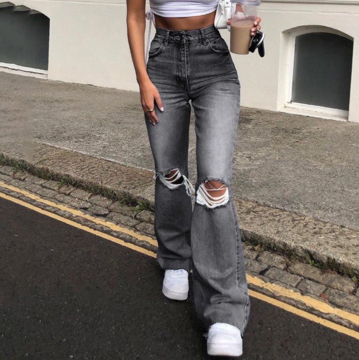 Damen Vintage Schlagjeans mit modischen Rissdetails und hohem Bund Echo Archiv