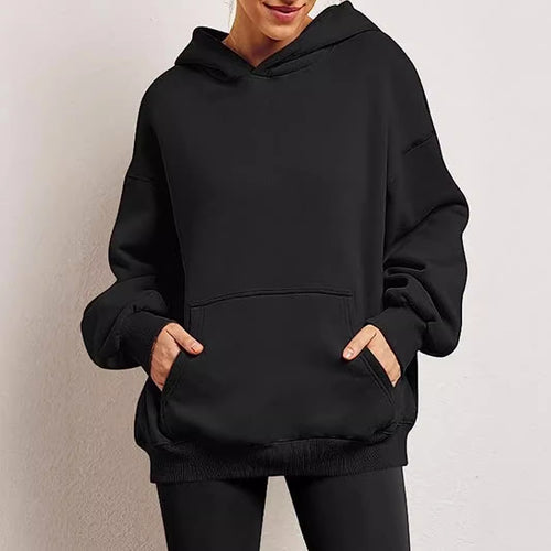 Damen nan Relax-Fleece Kapuzenpullover mit Kängurutasche, verlängerter Rücken und überschnittener Schulter Echo Archiv