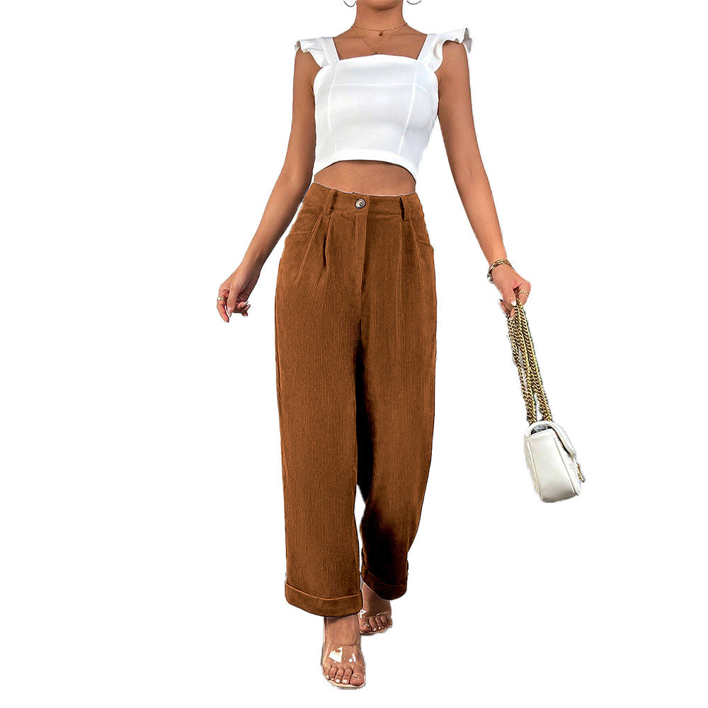 Damen hochgeschnittene Cordhose mit weitem Bein, Bundfalten und umgeschlagenem Saum – Avélisse