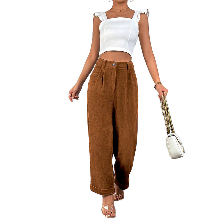 Damen hochgeschnittene Cordhose mit weitem Bein, Bundfalten und umgeschlagenem Saum – Avélisse