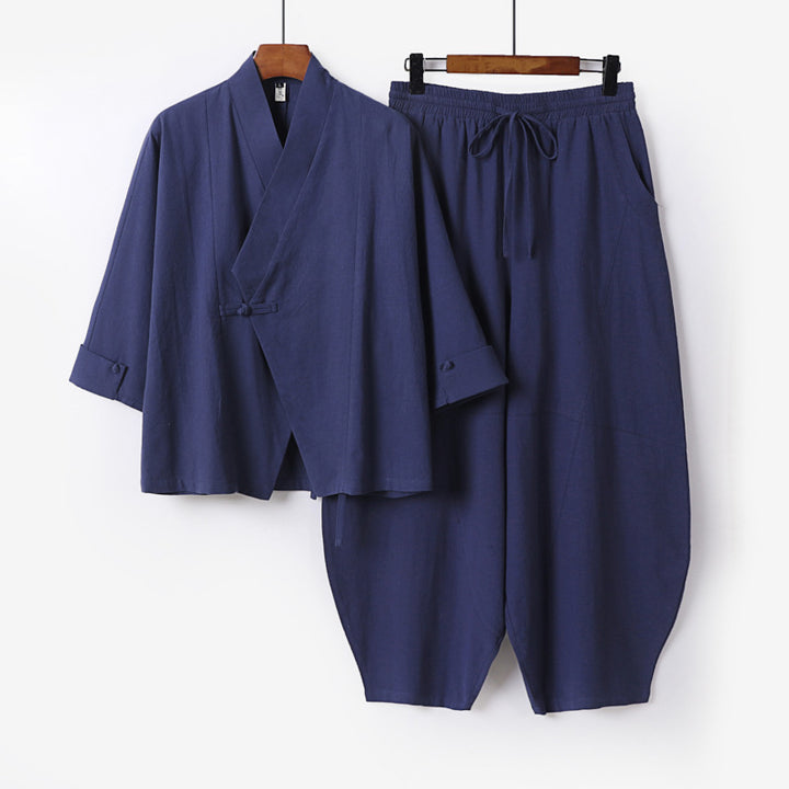 Herren Minimalistisches Kimono-Lounge-Set aus atmungsaktivem Baumwollmix mit ballonförmiger Bundhose Echoarchiv