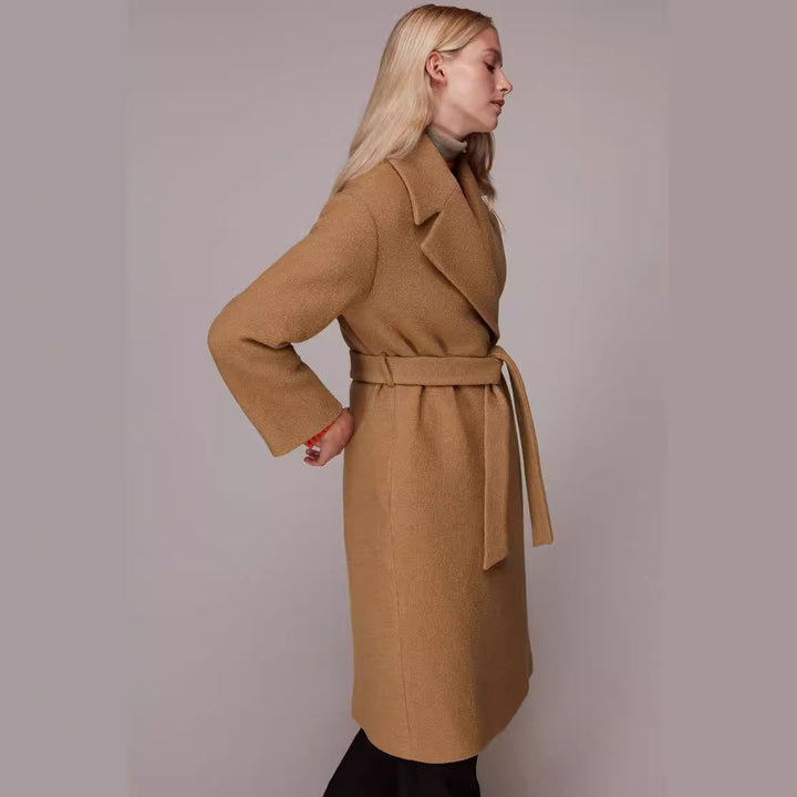Damen Midilanger Wollmix‑Longmantel mit minimalem Schalkragen und relaxed Silhouette Echoarchiv