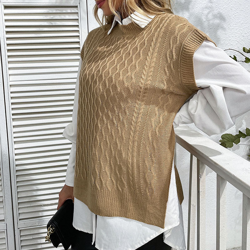 Damen Oversize Strickweste mit Zopfmuster und Rundhalsausschnitt Echoarchiv