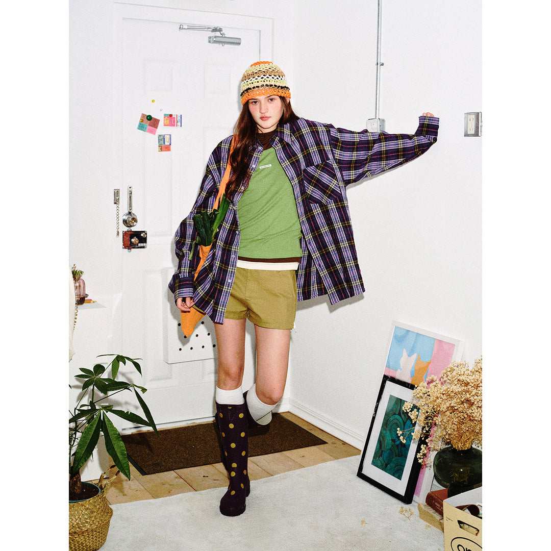 Unisex Lockeres Oversize-Karohemd im Vintage-Look mit schräger Brusttasche und geradem Saum Echoarchiv