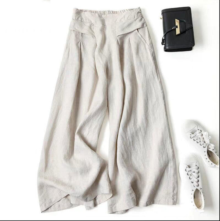 Damen Weit geschnittene Leinenhose mit hohem Bund und eleganten Falten Echoarchiv