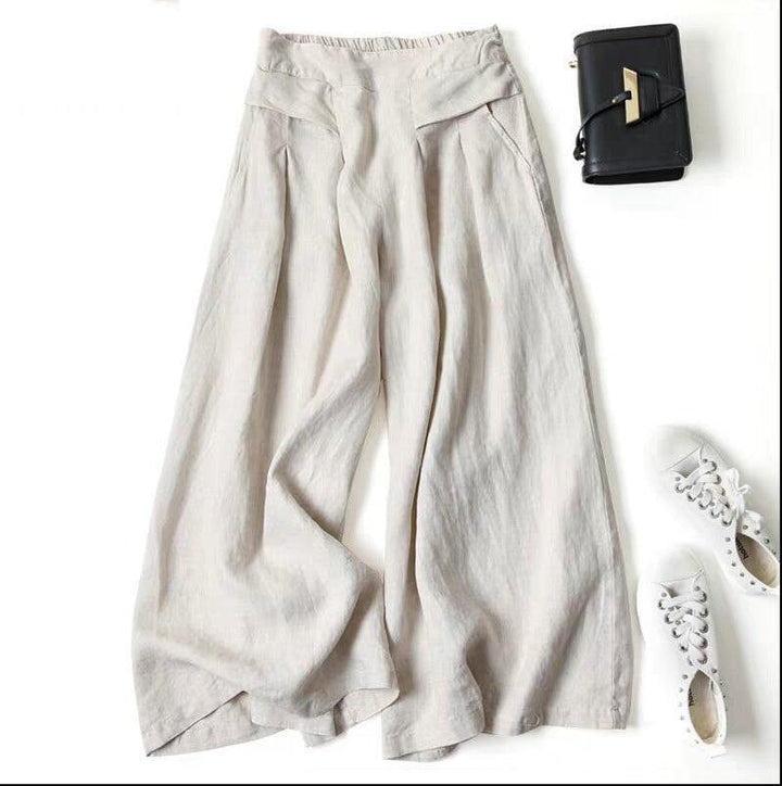 Damen Weit geschnittene Leinenhose mit hohem Bund und eleganten Falten Echoarchiv