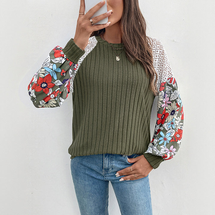 Damen Gerippter Strickpullover mit Häkel-Schulter & gEchoarchivlümten Ballonärmeln Echoarchiv