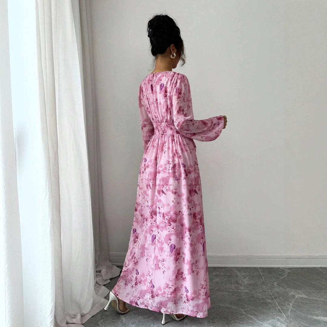 Damen Maxikleid mit floralem Schmetterlingsprint, geraffter Taillenpartie und langen Ballonärmeln Echo Archiv