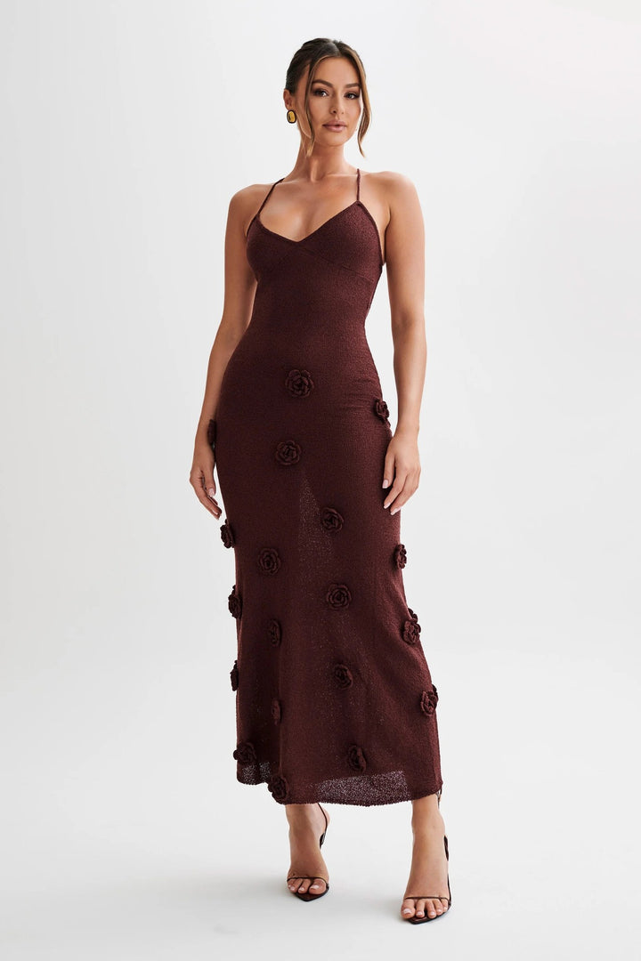 Damen elegantes glitzerndes Maxikleid mit floralen Applikationen Echo Archiv