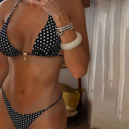 Damen Triangel-Bikini mit modischem Punktedesign und goldener Verschlussdetails Echo Archiv