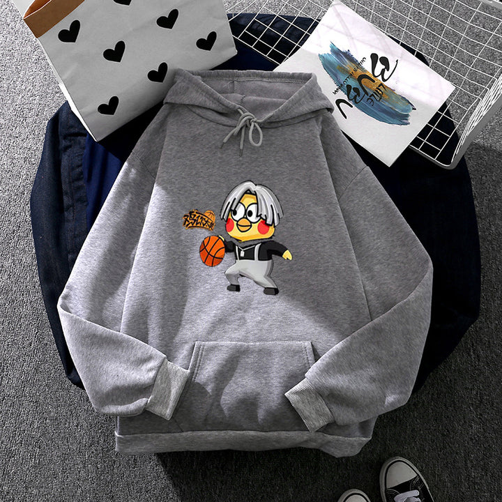 Unisex Kapuzenpullover mit Comic-Küken Basketballprint, Kängurutasche und weichem Fleece – Auréline