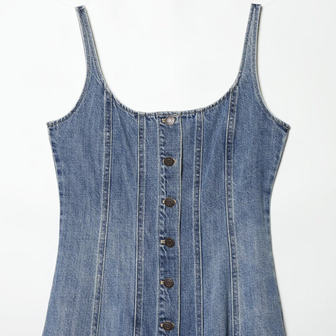 Damen Jeans Maxikleid mit Knopfleiste und schwingendem Saum Echo Archiv