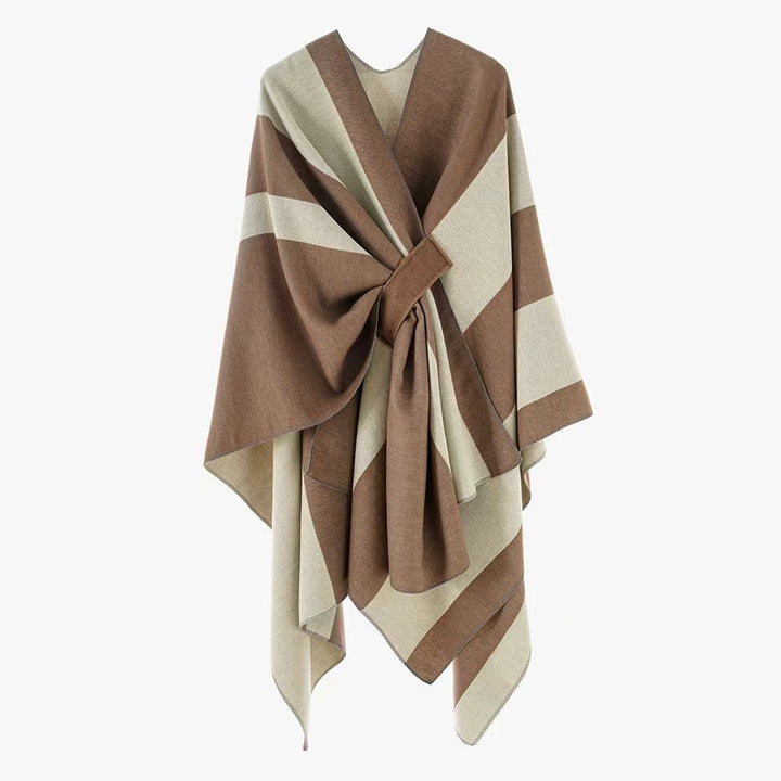 Damen Wickel‑Cape mit breitem Streifenmuster und Bindegürtel – Avérine