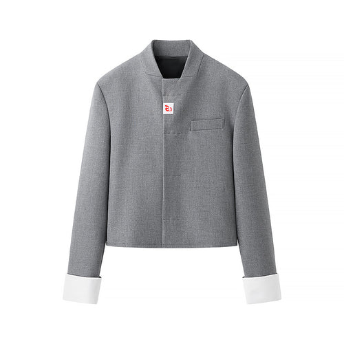 Damen kurzer Boxy-Blazer mit verdeckter Knopfleiste Stehkragen und kontrastumschlagärmeln – Valéne