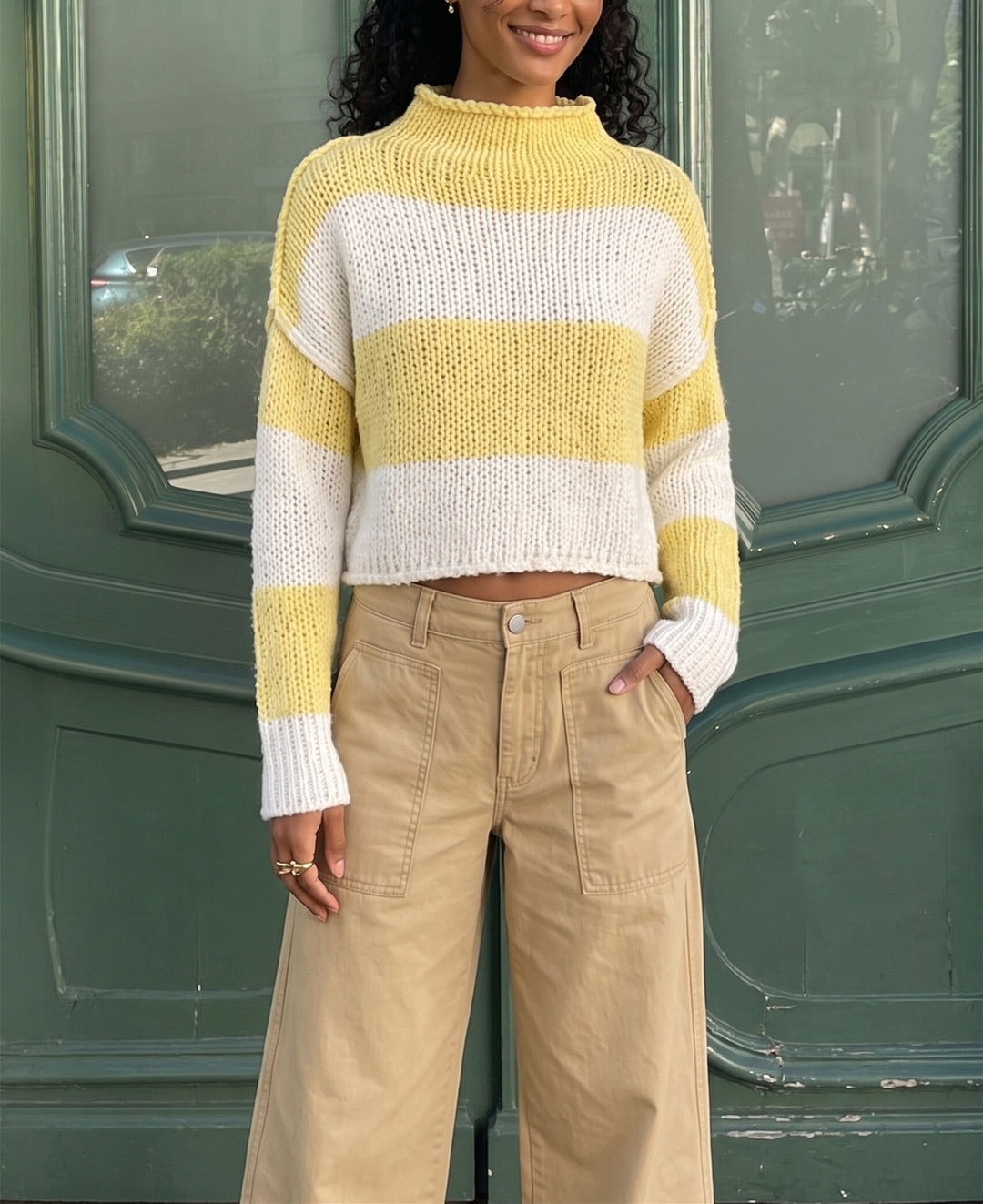 Damen Grobgestrickter Cropped-Pullover mit Stehkragen und überschnittenen Ärmeln Echoarchiv