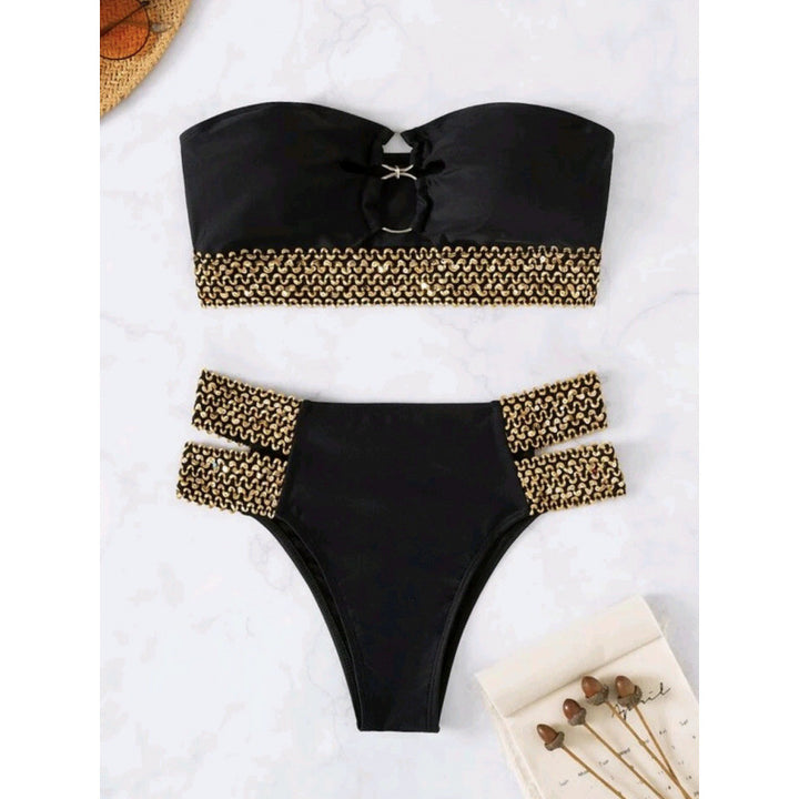 Damen Bandeau-Bikini mit goldenen Akzenten und hohem Taillenschnitt Echo Archiv