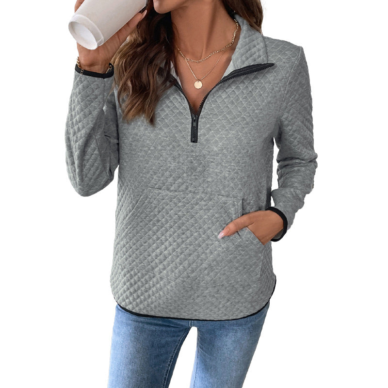 Damen Stepp-Sweatshirt mit halbem Reißverschluss, Stehkragen und Kängurutasche Echoarchiv