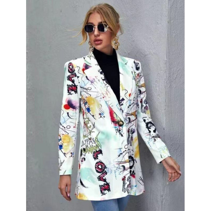 Damen Bedruckter Longblazer mit grafischem Street‑Art‑Muster und tailliertem Schnitt Echo Archiv