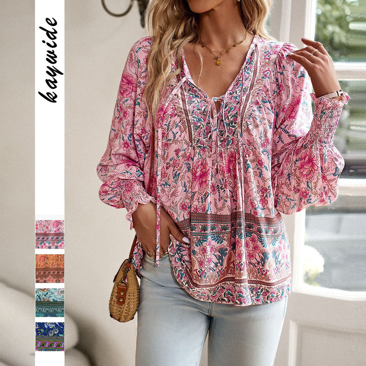 Damen lockere Boho-Tunika mit V-Ausschnitt Bindeband gerafften Ärmeln und floralem Muster – Avérine
