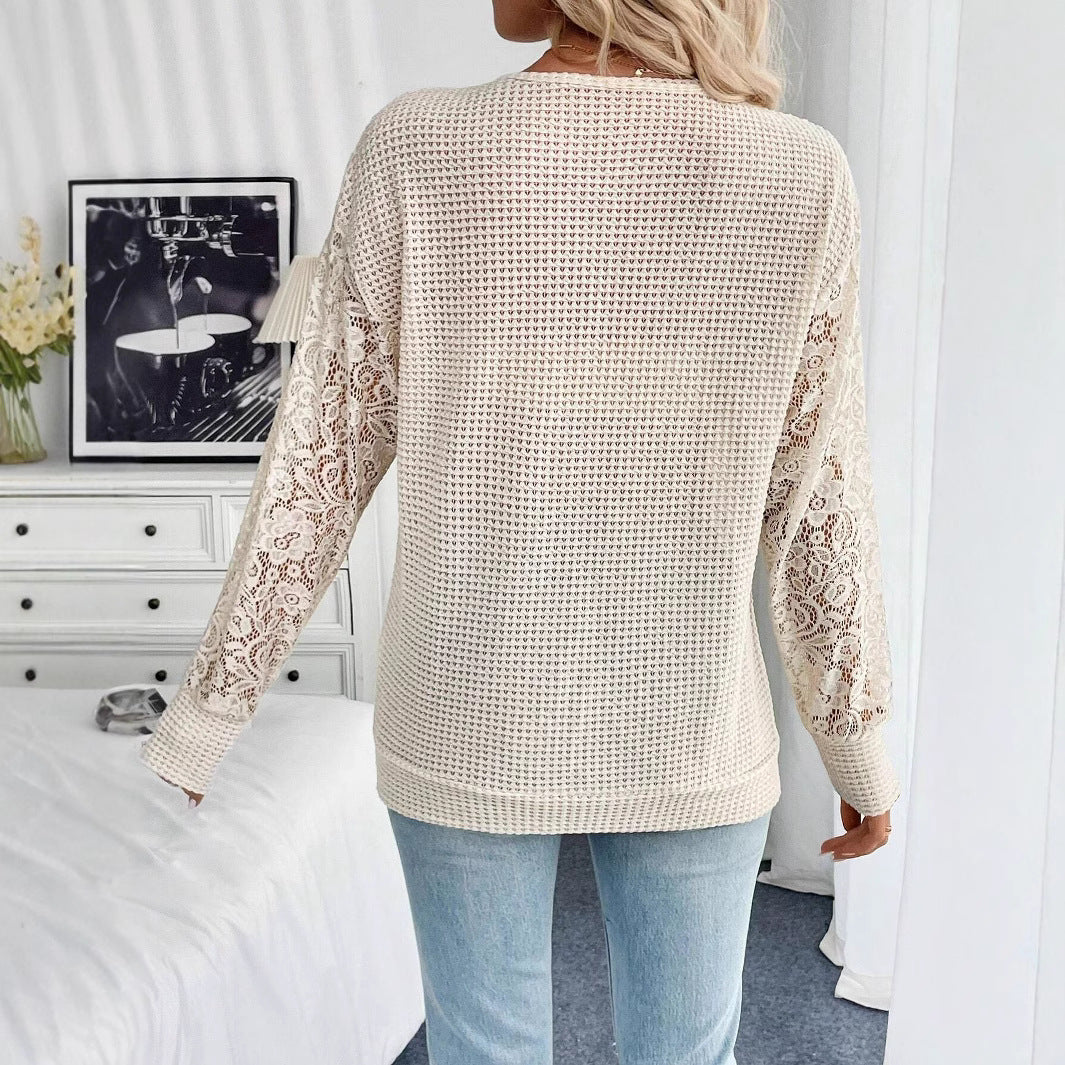 Damen nan locker geschnittener Waffelstrick-Pullover mit floralen Spitzeneinsätzen an den Ärmeln Echo Archiv