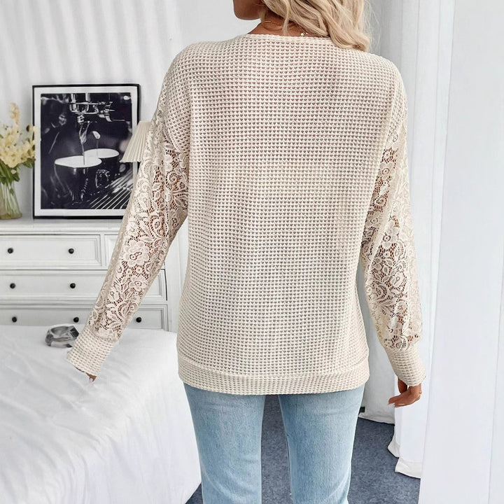 Damen nan locker geschnittener Waffelstrick-Pullover mit floralen Spitzeneinsätzen an den Ärmeln Echo Archiv
