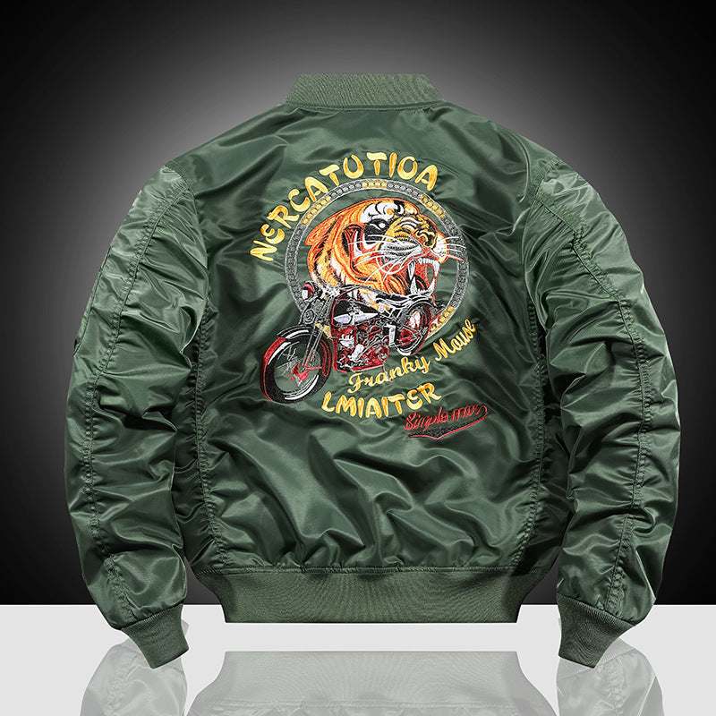 Herren bestickte Nylon-Flightjacke mit großflächigem Tiger- und Motorradmotiv Echoarchiv