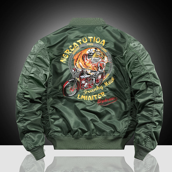 Herren bestickte Nylon-Flightjacke mit großflächigem Tiger- und Motorradmotiv Echoarchiv