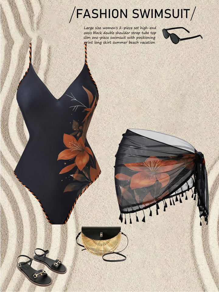 Damen Mode-Badeanzug mit floralem Design und transparentem Wickelrock Echo Archiv