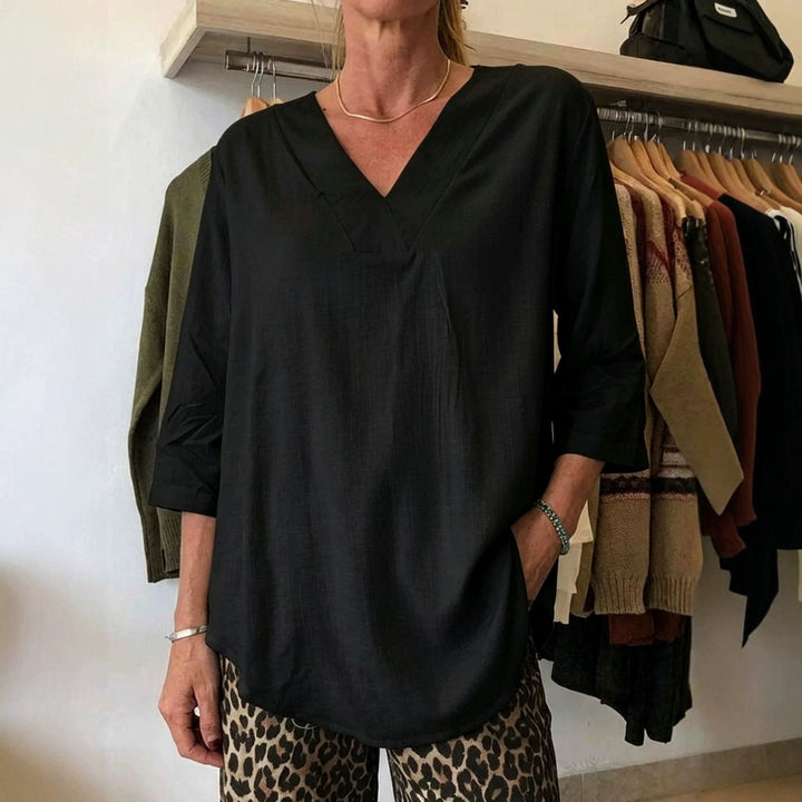 Damen Leichte Oversize V-Ausschnitt Tunika in Leinenoptik mit dreiviertel Ärmeln und abgerundetem Saum – Avérine