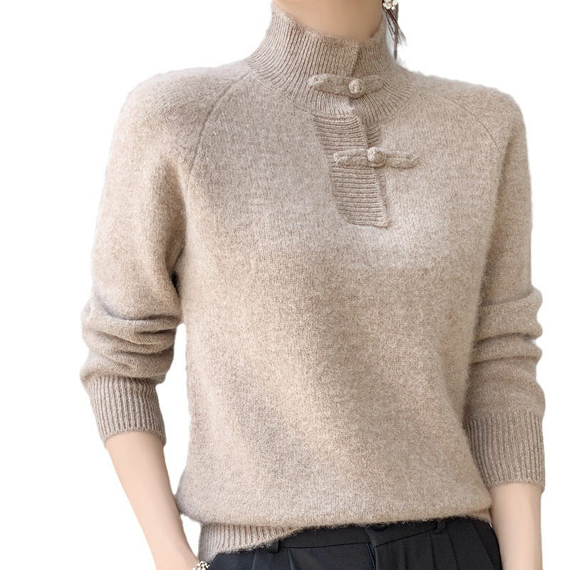 Damen Kaschmir‑Optik Mockneckpullover mit dekorativer KnEchoarchivelknopfblende Echoarchiv