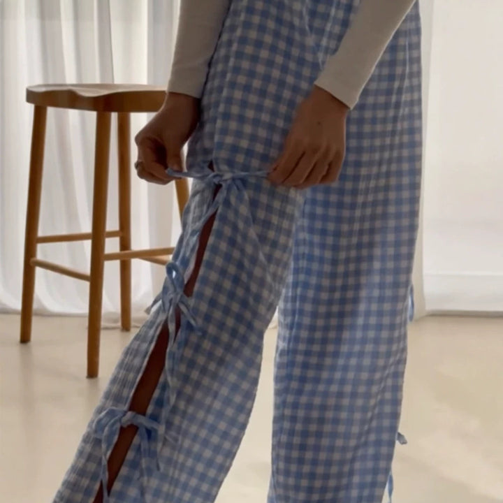 Damen High‑Waist Leinenoptik-Hose mit Gingham-Karo, weitem Bein & seitlichen Bändchen-Details Echoarchiv