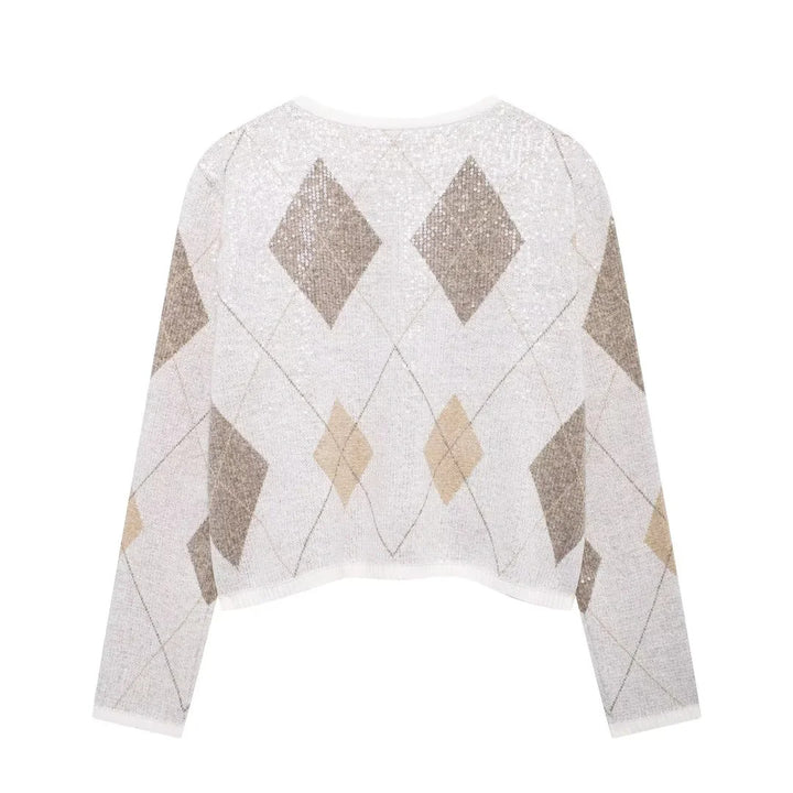 Damen kurz geschnittene Strickjacke mit Rauten‑Pailletten und aufgesetzten Taschen – Veloura