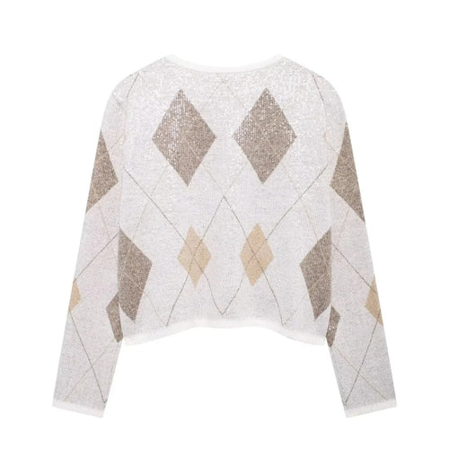 Damen kurz geschnittene Strickjacke mit Rauten‑Pailletten und aufgesetzten Taschen – Veloura