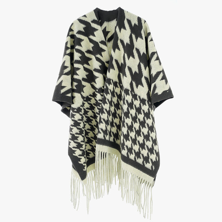 Damen Wollmix-Poncho mit Hahnentritt-Muster und Fransensaum – Célinea