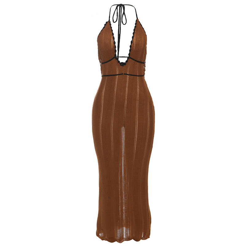 Damen Strick Maxikleid mit tiefem V-Ausschnitt und Bindebändern Echo Archiv