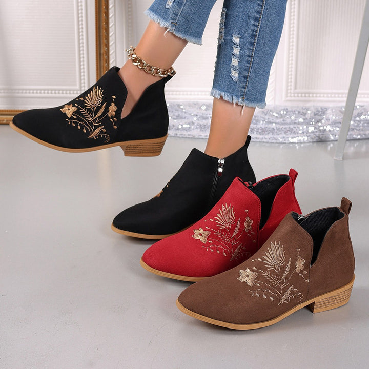 Damen Gestickte Ankle-Boots mit V-Cut und seitlichem Reißverschluss Echoarchiv